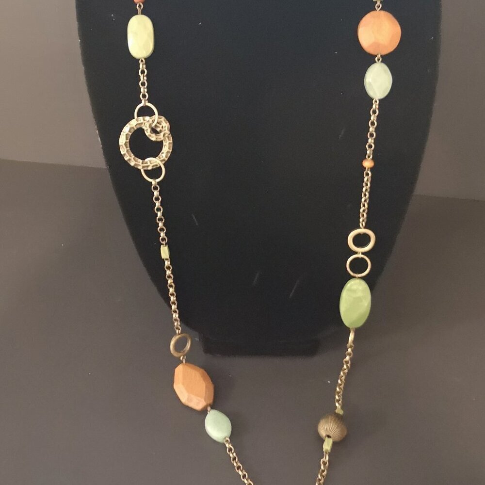 Lia Sophia Outback Necklace with Genuine Aventurine & Wood Brass Tone Chain - Picture 3 of 3